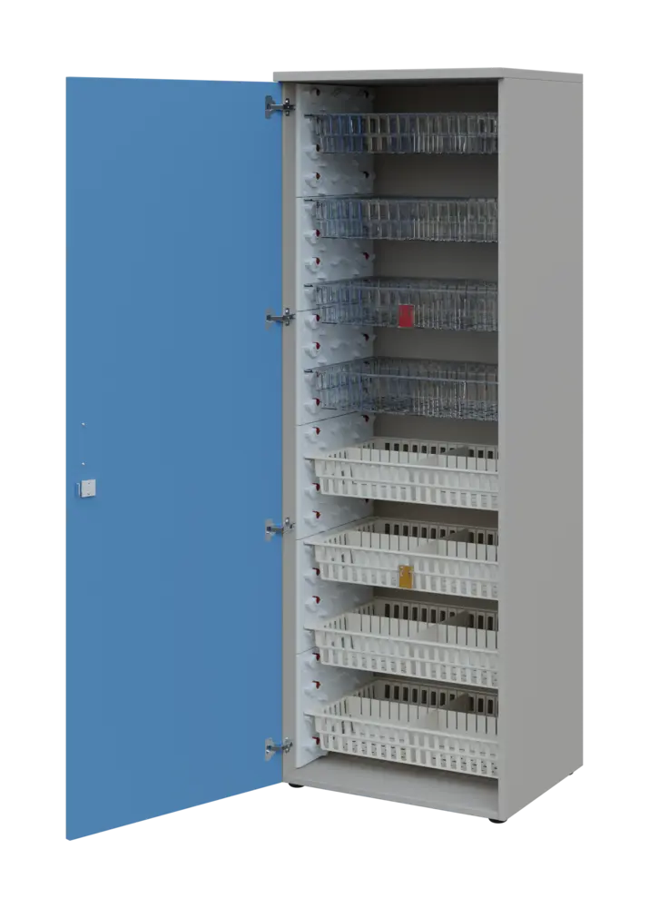 EUROMEDICA D - 66/M skříň léková boxová, 1-dveřová, levá, 1950x660x535, korpus šedý, dvířka pastelově modrá